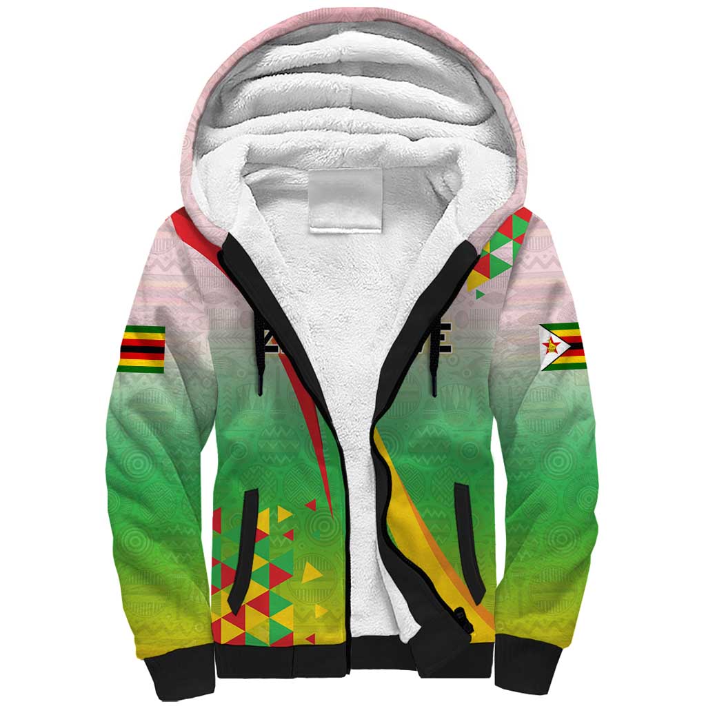 Zimbabwe Vibe Sherpa Hoodie Tribal-Inspired Background with Geometric Flag Color Design