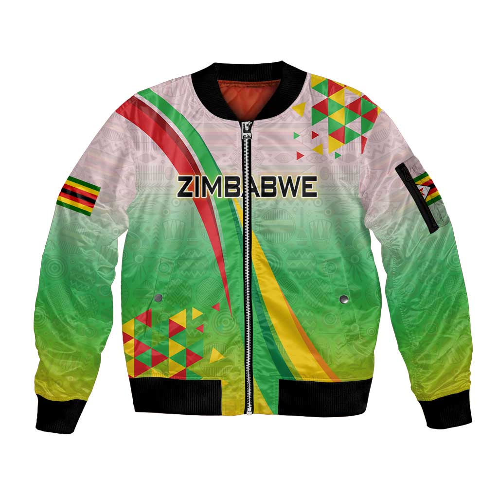 Zimbabwe Vibe Sleeve Zip Bomber Jacket Tribal-Inspired Background with Geometric Flag Color Design