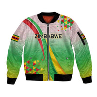 Zimbabwe Vibe Sleeve Zip Bomber Jacket Tribal-Inspired Background with Geometric Flag Color Design