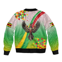 Zimbabwe Vibe Sleeve Zip Bomber Jacket Tribal-Inspired Background with Geometric Flag Color Design