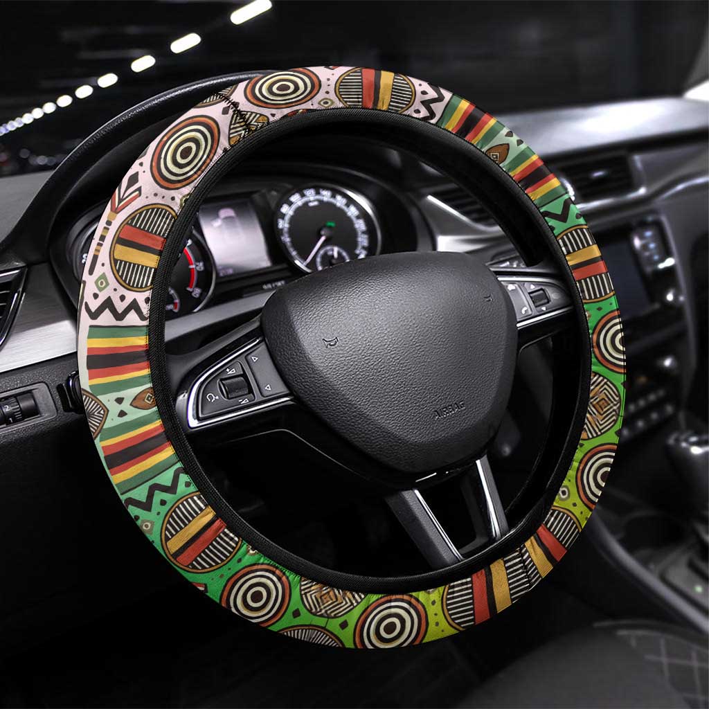 Zimbabwe Vibe Steering Wheel Cover Tribal-Inspired Background with Geometric Flag Color Design
