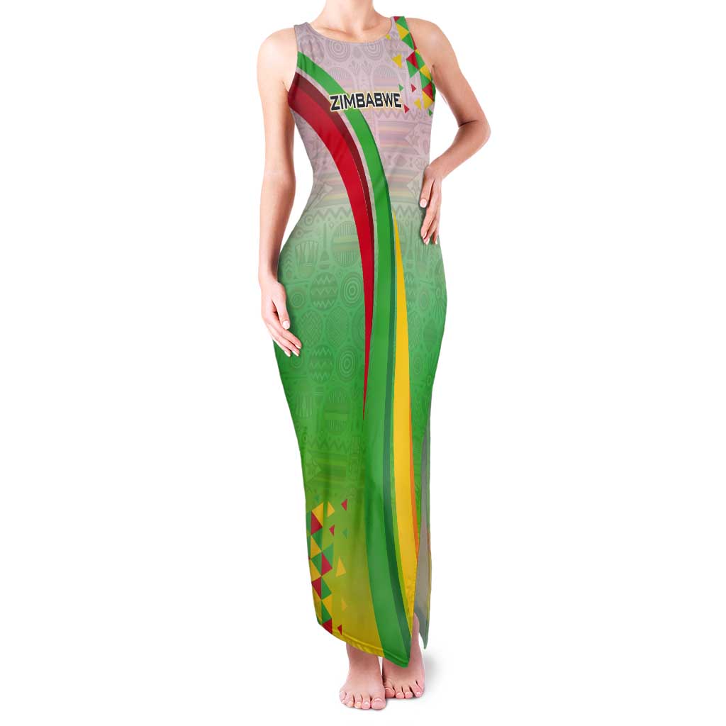 Zimbabwe Vibe Tank Maxi Dress Tribal-Inspired Background with Geometric Flag Color Design