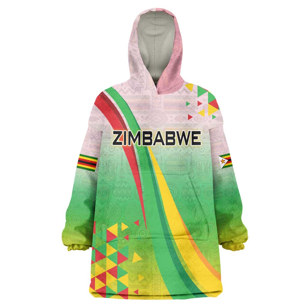 Zimbabwe Vibe Wearable Blanket Hoodie Tribal-Inspired Background with Geometric Flag Color Design