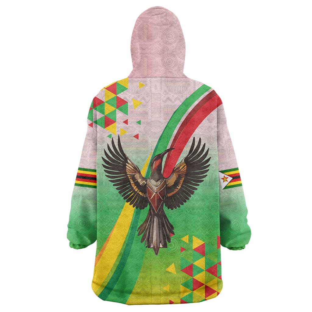 Zimbabwe Vibe Wearable Blanket Hoodie Tribal-Inspired Background with Geometric Flag Color Design