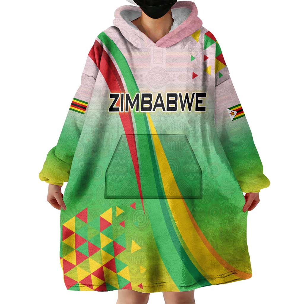 Zimbabwe Vibe Wearable Blanket Hoodie Tribal-Inspired Background with Geometric Flag Color Design