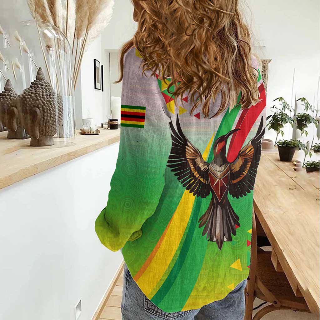 Zimbabwe Vibe Women Casual Shirt Tribal-Inspired Background with Geometric Flag Color Design