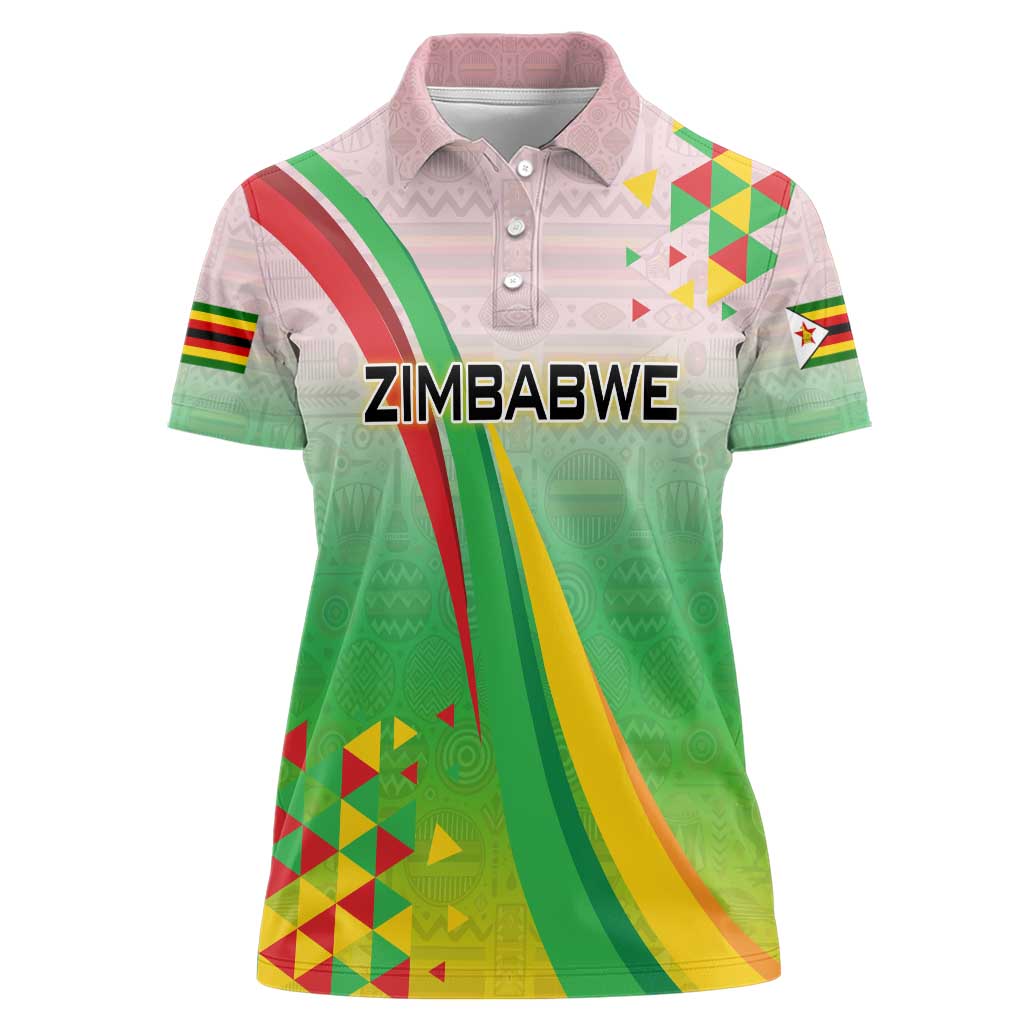 Zimbabwe Vibe Women Polo Shirt Tribal-Inspired Background with Geometric Flag Color Design