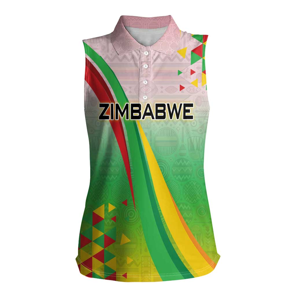 Zimbabwe Vibe Women Sleeveless Polo Shirt Tribal-Inspired Background with Geometric Flag Color Design