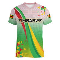Zimbabwe Vibe Women V-Neck T-Shirt Tribal-Inspired Background with Geometric Flag Color Design