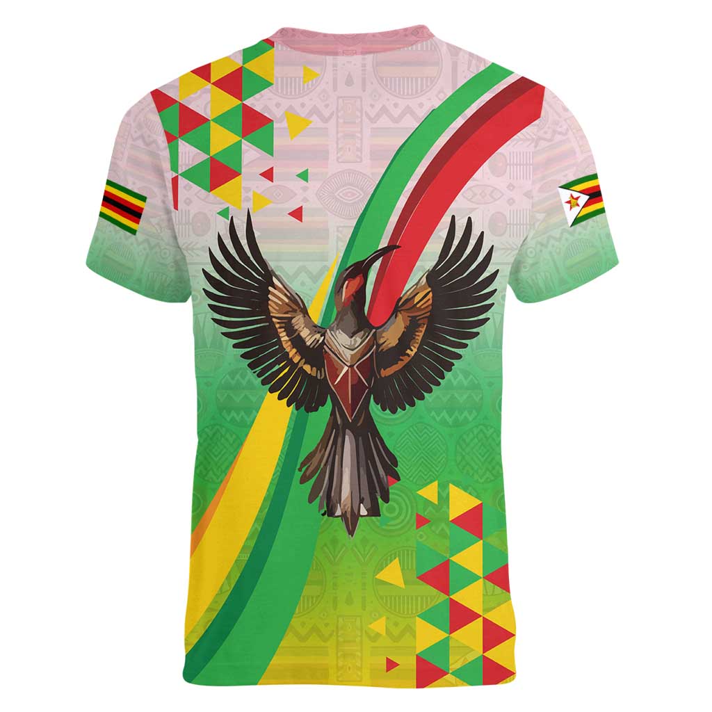 Zimbabwe Vibe Women V-Neck T-Shirt Tribal-Inspired Background with Geometric Flag Color Design