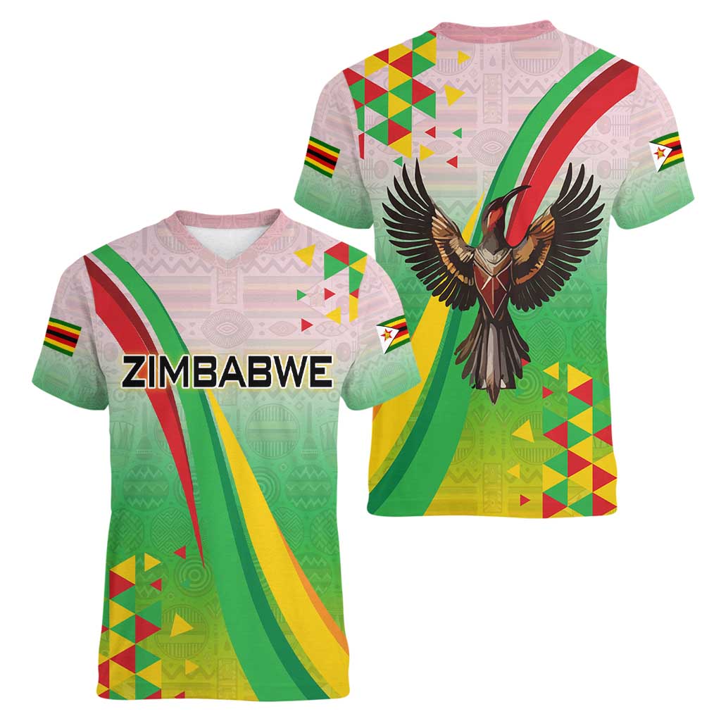 Zimbabwe Vibe Women V-Neck T-Shirt Tribal-Inspired Background with Geometric Flag Color Design