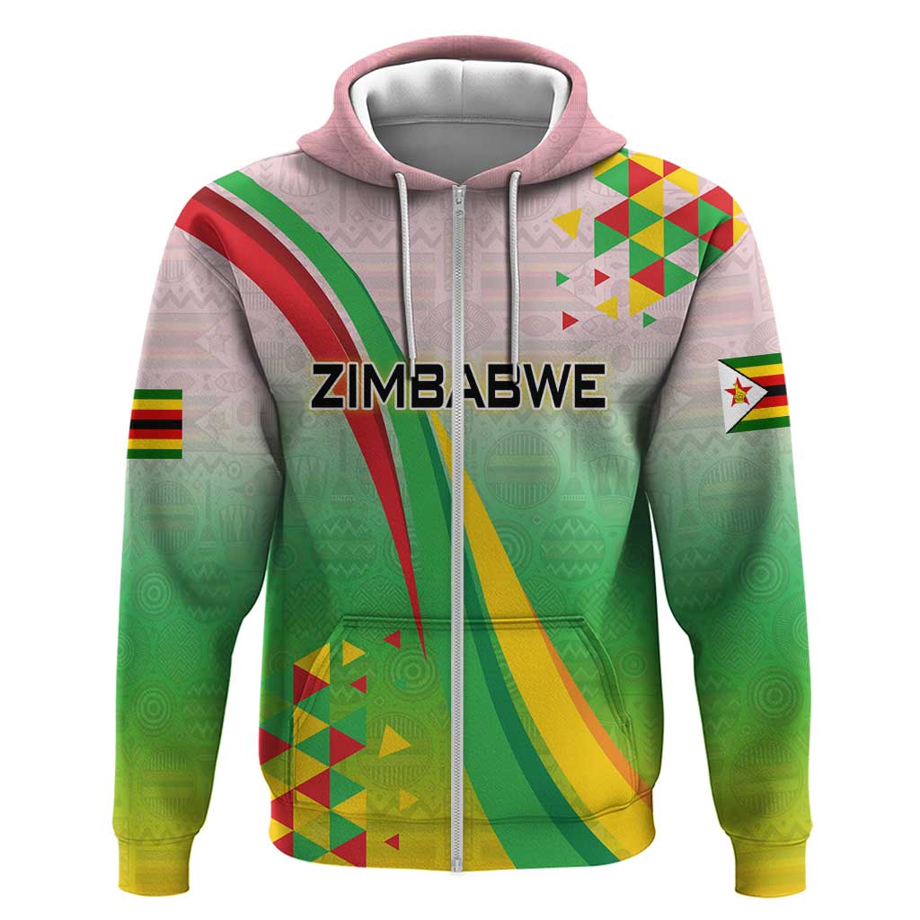 Zimbabwe Vibe Zip Hoodie Tribal-Inspired Background with Geometric Flag Color Design