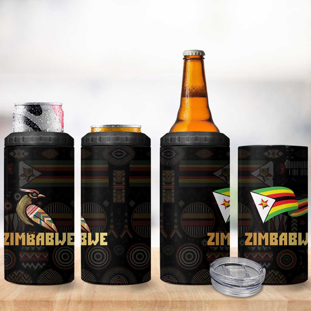 Zimbabwe Pride 4 in 1 Can Cooler Tumbler Zimbabwean Bird, Tribal Patterns and Pan-African Colors