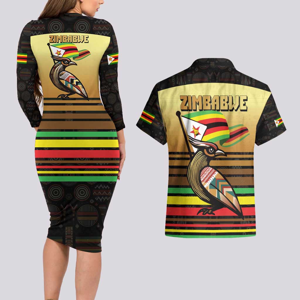 Zimbabwe Pride Couples Matching Long Sleeve Bodycon Dress and Hawaiian Shirt Zimbabwean Bird, Tribal Patterns and Pan-African Colors