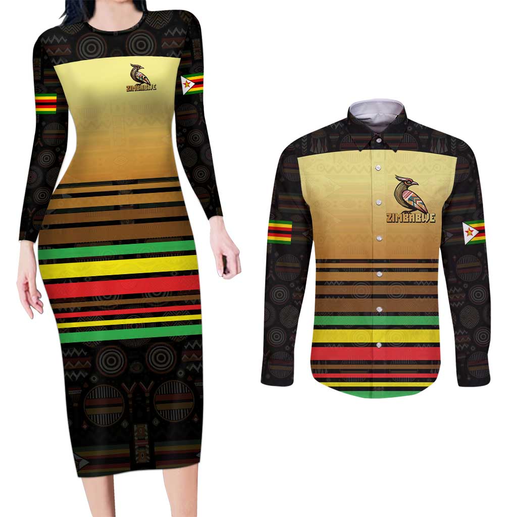 Zimbabwe Pride Couples Matching Long Sleeve Bodycon Dress and Long Sleeve Button Shirt Zimbabwean Bird, Tribal Patterns and Pan-African Colors