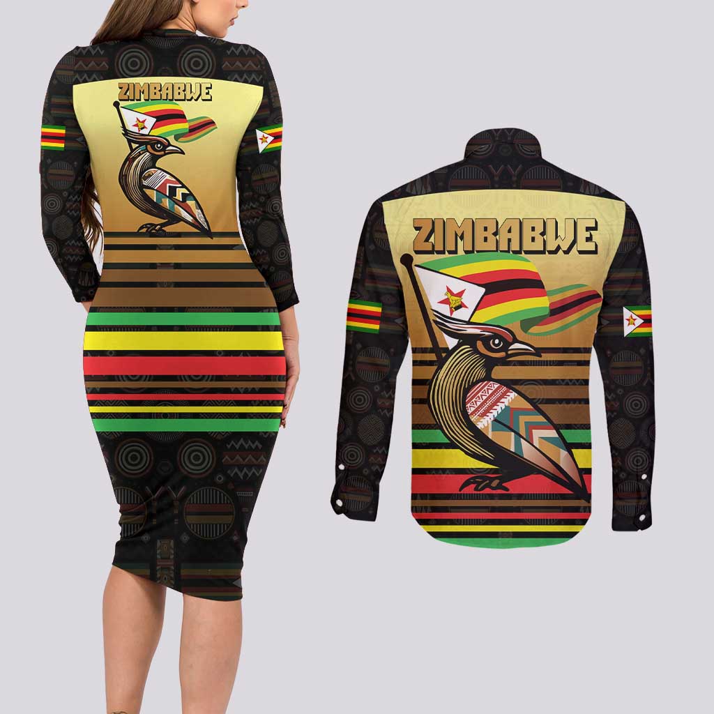 Zimbabwe Pride Couples Matching Long Sleeve Bodycon Dress and Long Sleeve Button Shirt Zimbabwean Bird, Tribal Patterns and Pan-African Colors