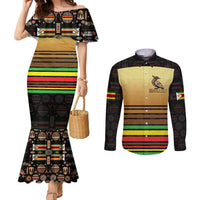 Zimbabwe Pride Couples Matching Mermaid Dress and Long Sleeve Button Shirt Zimbabwean Bird, Tribal Patterns and Pan-African Colors