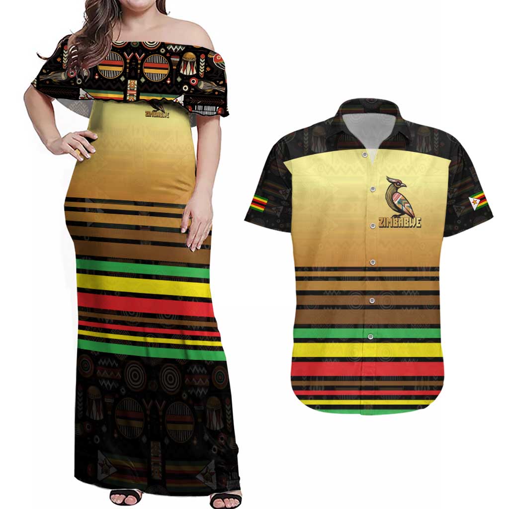 Zimbabwe Pride Couples Matching Off Shoulder Maxi Dress and Hawaiian Shirt Zimbabwean Bird, Tribal Patterns and Pan-African Colors