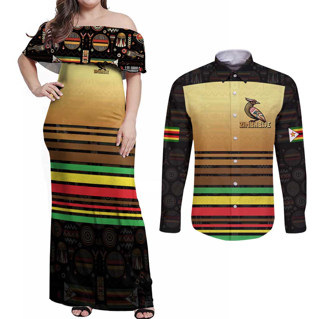 Zimbabwe Pride Couples Matching Off Shoulder Maxi Dress and Long Sleeve Button Shirt Zimbabwean Bird, Tribal Patterns and Pan-African Colors