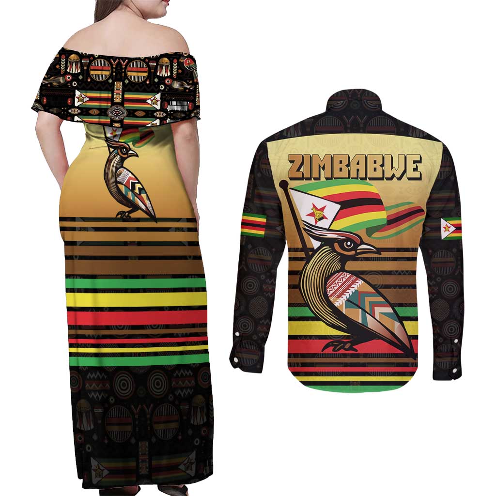 Zimbabwe Pride Couples Matching Off Shoulder Maxi Dress and Long Sleeve Button Shirt Zimbabwean Bird, Tribal Patterns and Pan-African Colors