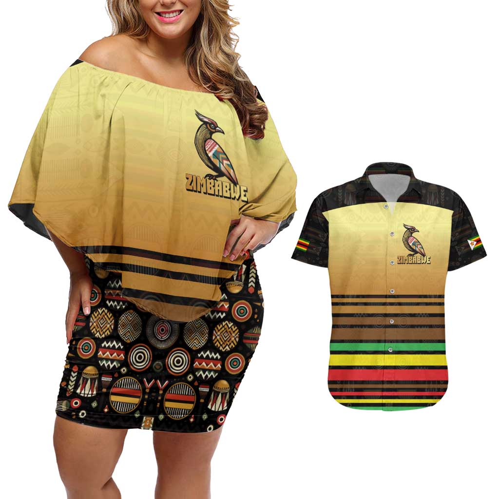 Zimbabwe Pride Couples Matching Off Shoulder Short Dress and Hawaiian Shirt Zimbabwean Bird, Tribal Patterns and Pan-African Colors
