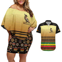 Zimbabwe Pride Couples Matching Off Shoulder Short Dress and Hawaiian Shirt Zimbabwean Bird, Tribal Patterns and Pan-African Colors