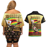 Zimbabwe Pride Couples Matching Off Shoulder Short Dress and Hawaiian Shirt Zimbabwean Bird, Tribal Patterns and Pan-African Colors