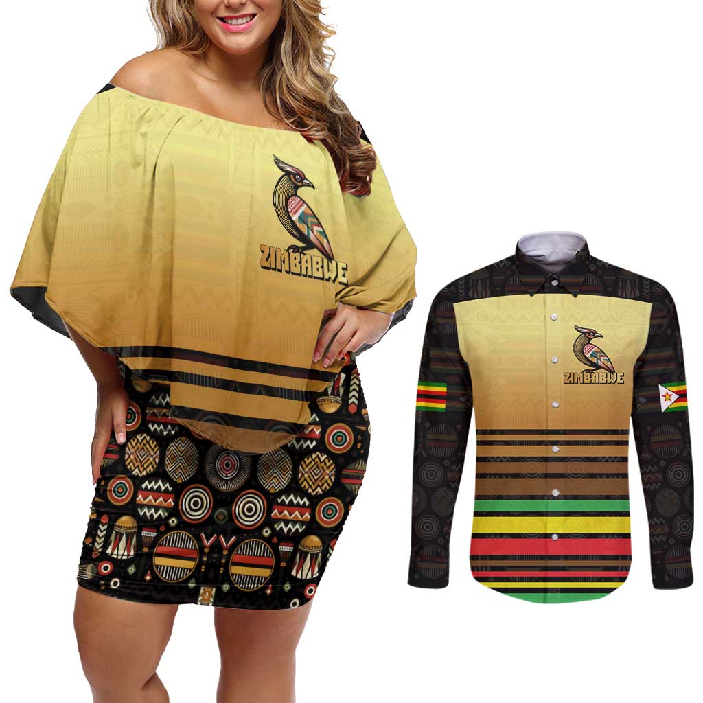 Zimbabwe Pride Couples Matching Off Shoulder Short Dress and Long Sleeve Button Shirt Zimbabwean Bird, Tribal Patterns and Pan-African Colors