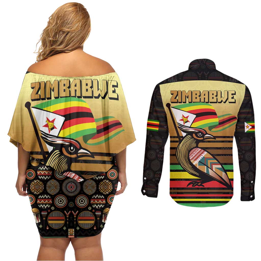 Zimbabwe Pride Couples Matching Off Shoulder Short Dress and Long Sleeve Button Shirt Zimbabwean Bird, Tribal Patterns and Pan-African Colors