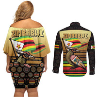 Zimbabwe Pride Couples Matching Off Shoulder Short Dress and Long Sleeve Button Shirt Zimbabwean Bird, Tribal Patterns and Pan-African Colors