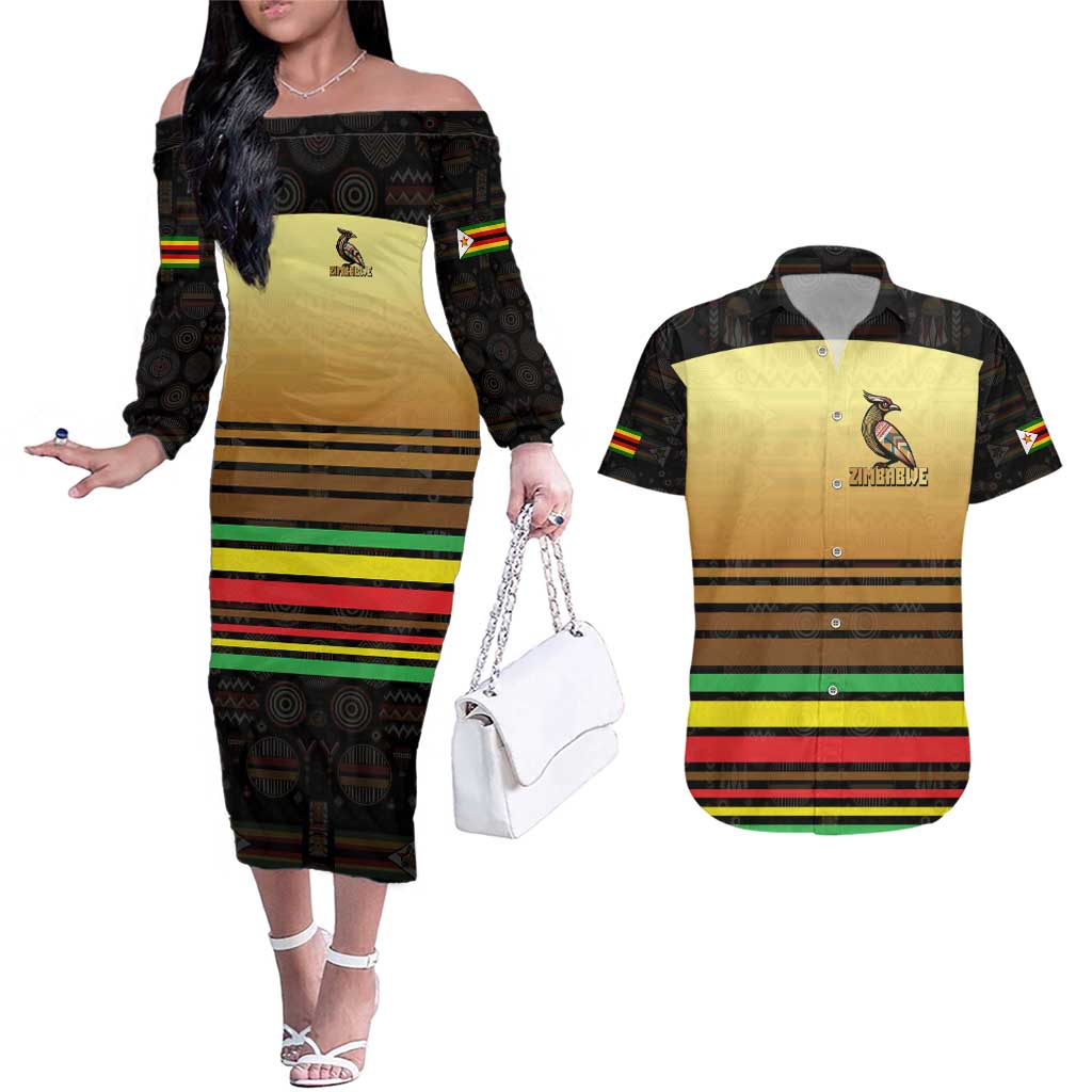 Zimbabwe Pride Couples Matching Off The Shoulder Long Sleeve Dress and Hawaiian Shirt Zimbabwean Bird, Tribal Patterns and Pan-African Colors