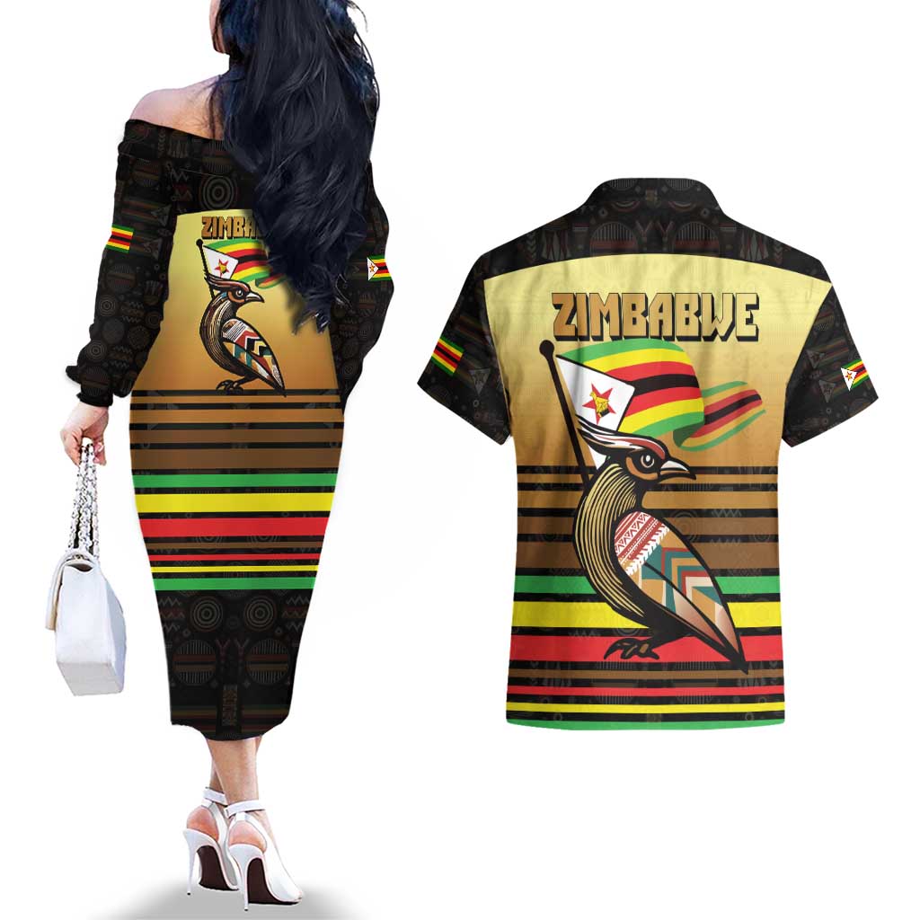 Zimbabwe Pride Couples Matching Off The Shoulder Long Sleeve Dress and Hawaiian Shirt Zimbabwean Bird, Tribal Patterns and Pan-African Colors