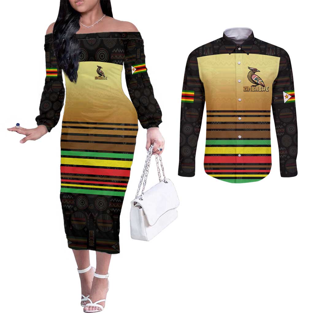 Zimbabwe Pride Couples Matching Off The Shoulder Long Sleeve Dress and Long Sleeve Button Shirt Zimbabwean Bird, Tribal Patterns and Pan-African Colors