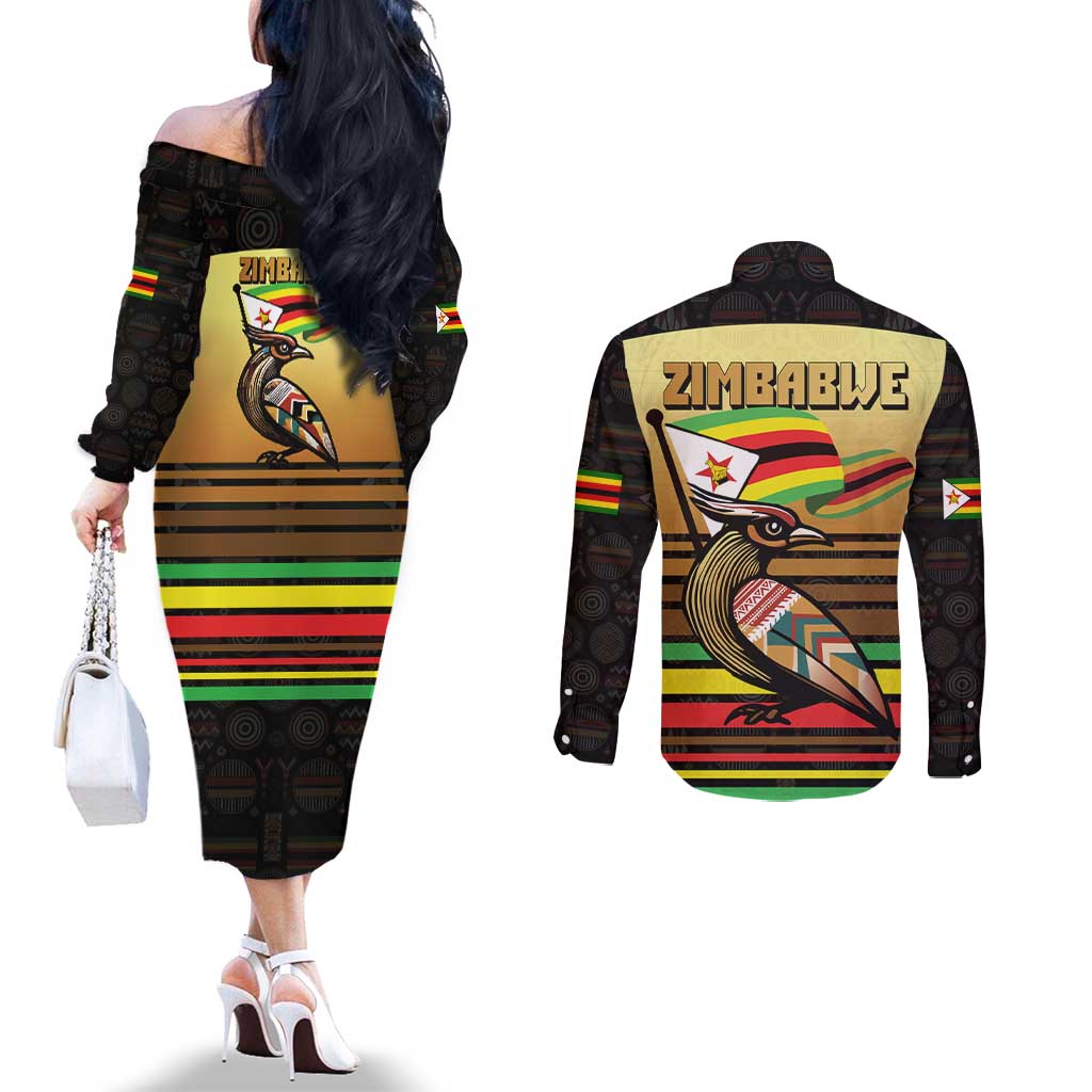 Zimbabwe Pride Couples Matching Off The Shoulder Long Sleeve Dress and Long Sleeve Button Shirt Zimbabwean Bird, Tribal Patterns and Pan-African Colors