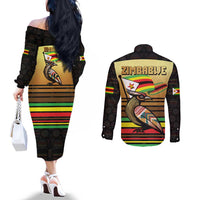 Zimbabwe Pride Couples Matching Off The Shoulder Long Sleeve Dress and Long Sleeve Button Shirt Zimbabwean Bird, Tribal Patterns and Pan-African Colors