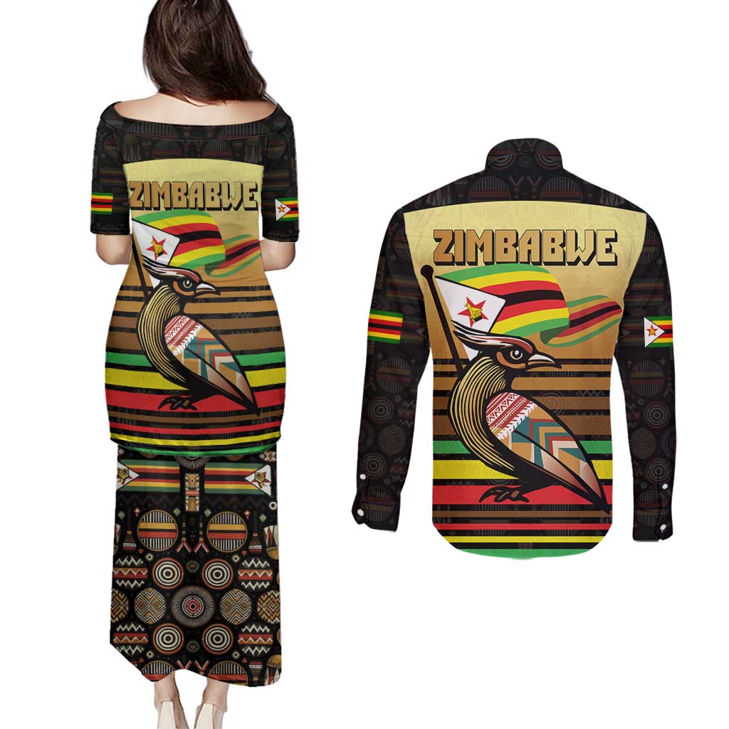 Zimbabwe Pride Couples Matching Puletasi and Long Sleeve Button Shirt Zimbabwean Bird, Tribal Patterns and Pan-African Colors