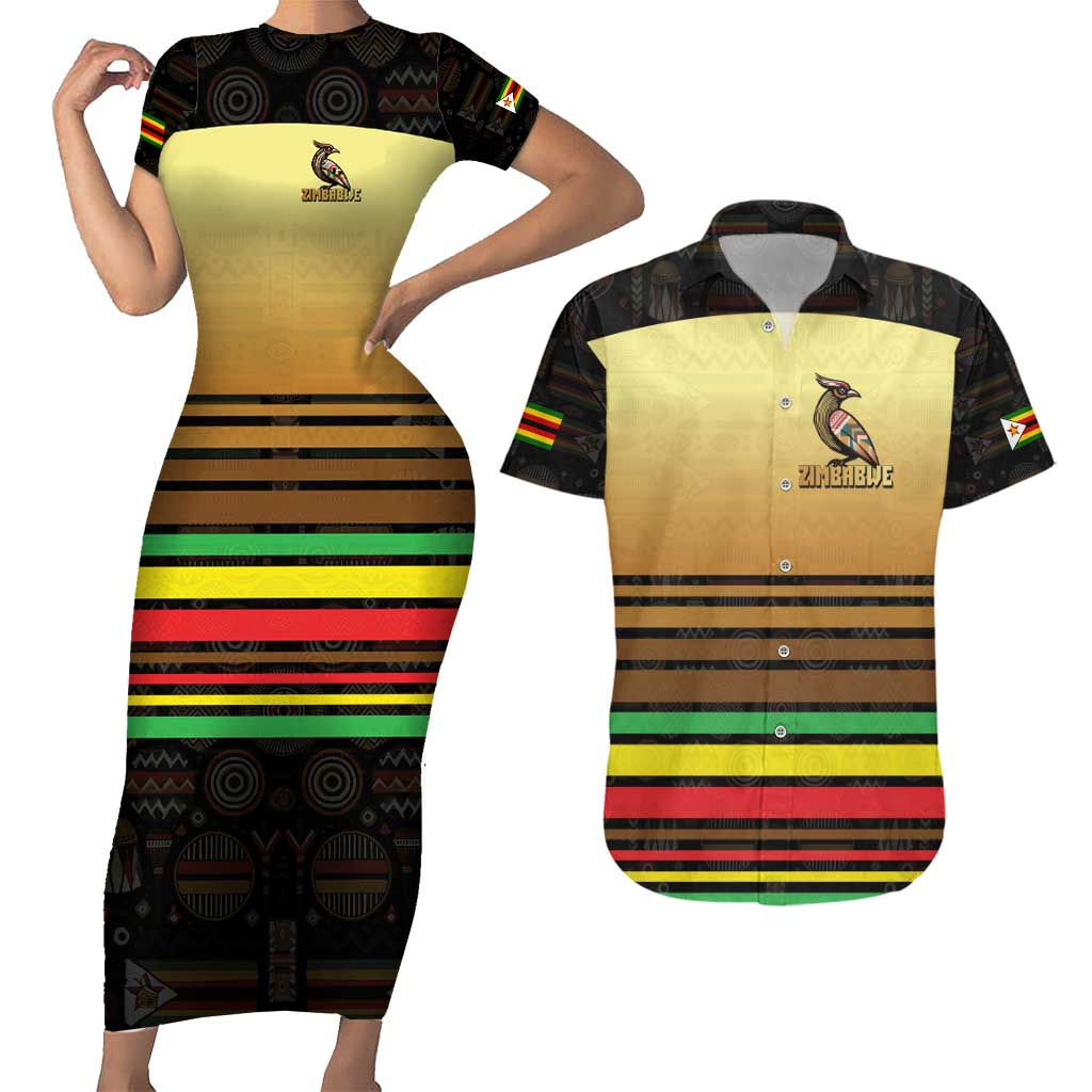 Zimbabwe Pride Couples Matching Short Sleeve Bodycon Dress and Hawaiian Shirt Zimbabwean Bird, Tribal Patterns and Pan-African Colors