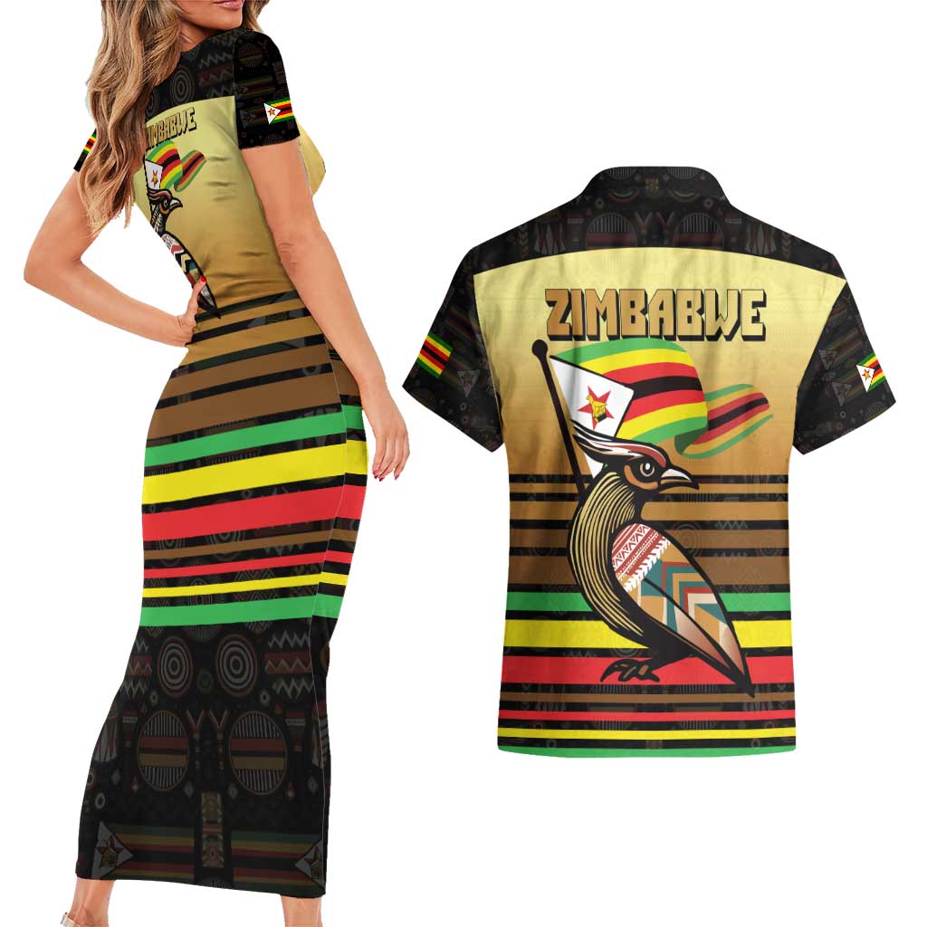 Zimbabwe Pride Couples Matching Short Sleeve Bodycon Dress and Hawaiian Shirt Zimbabwean Bird, Tribal Patterns and Pan-African Colors