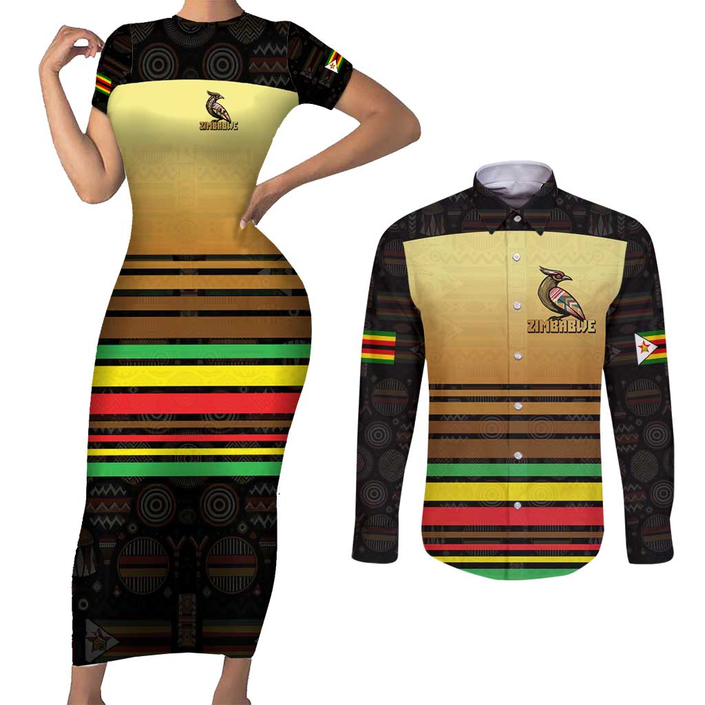 Zimbabwe Pride Couples Matching Short Sleeve Bodycon Dress and Long Sleeve Button Shirt Zimbabwean Bird, Tribal Patterns and Pan-African Colors