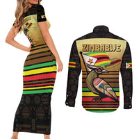 Zimbabwe Pride Couples Matching Short Sleeve Bodycon Dress and Long Sleeve Button Shirt Zimbabwean Bird, Tribal Patterns and Pan-African Colors