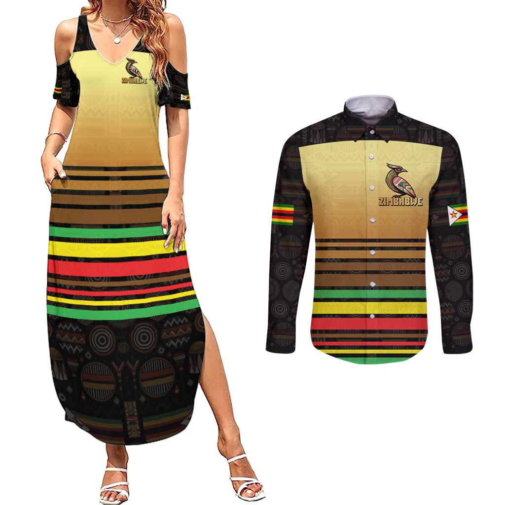 Zimbabwe Pride Couples Matching Summer Maxi Dress and Long Sleeve Button Shirt Zimbabwean Bird, Tribal Patterns and Pan-African Colors