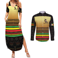 Zimbabwe Pride Couples Matching Summer Maxi Dress and Long Sleeve Button Shirt Zimbabwean Bird, Tribal Patterns and Pan-African Colors