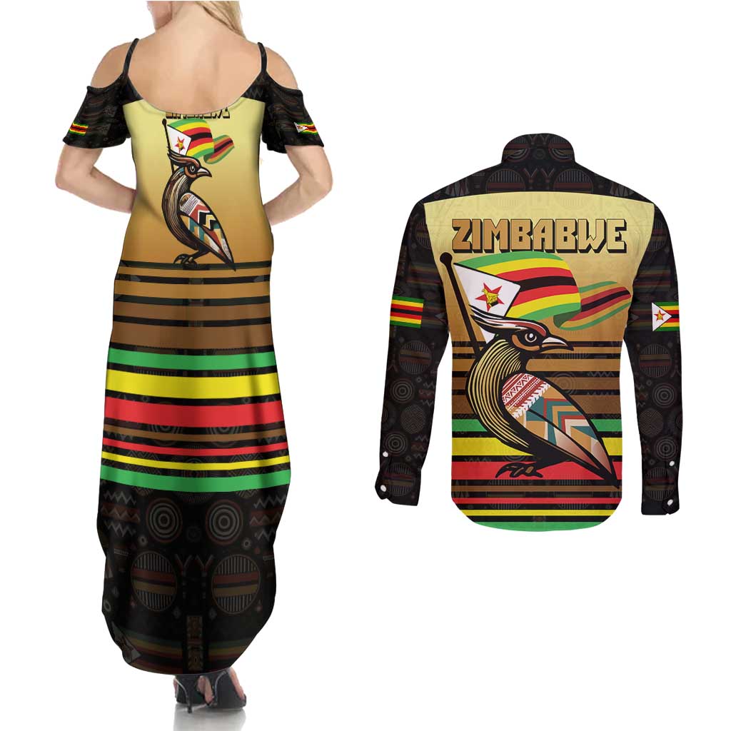 Zimbabwe Pride Couples Matching Summer Maxi Dress and Long Sleeve Button Shirt Zimbabwean Bird, Tribal Patterns and Pan-African Colors