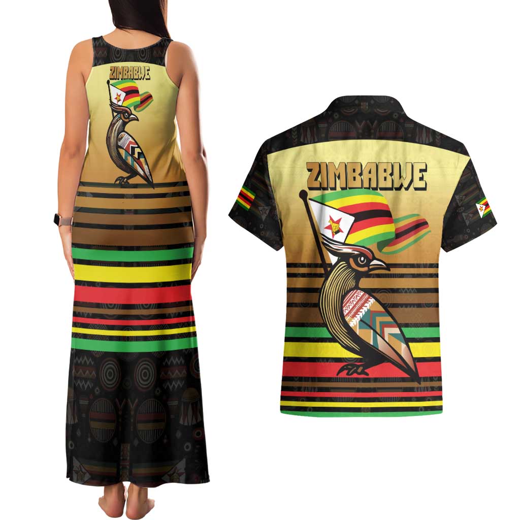 Zimbabwe Pride Couples Matching Tank Maxi Dress and Hawaiian Shirt Zimbabwean Bird, Tribal Patterns and Pan-African Colors