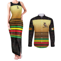Zimbabwe Pride Couples Matching Tank Maxi Dress and Long Sleeve Button Shirt Zimbabwean Bird, Tribal Patterns and Pan-African Colors