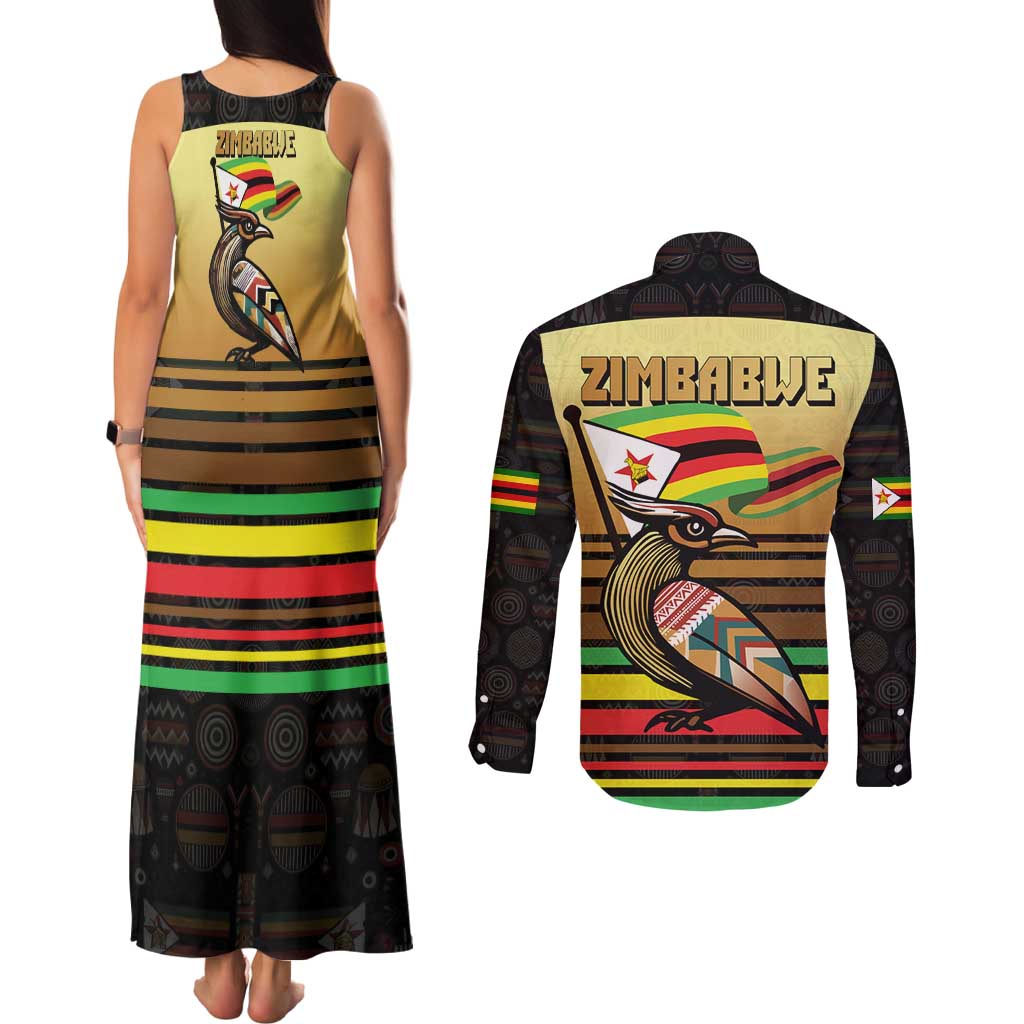 Zimbabwe Pride Couples Matching Tank Maxi Dress and Long Sleeve Button Shirt Zimbabwean Bird, Tribal Patterns and Pan-African Colors