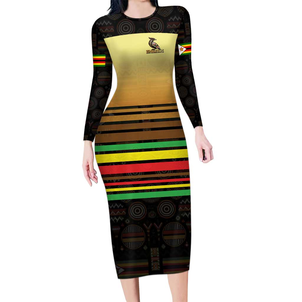 Zimbabwe Pride Family Matching Long Sleeve Bodycon Dress and Hawaiian Shirt Zimbabwean Bird, Tribal Patterns and Pan-African Colors