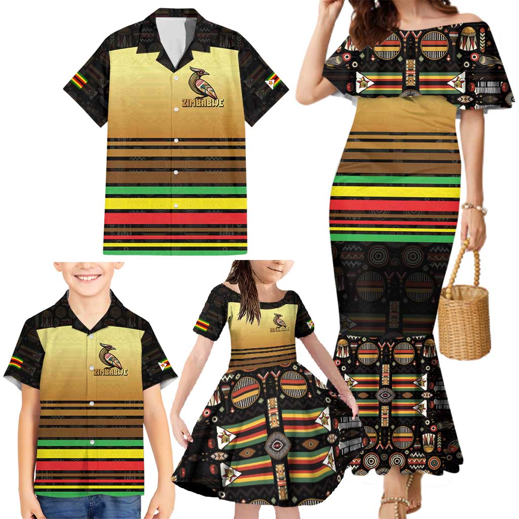 Zimbabwe Pride Family Matching Mermaid Dress and Hawaiian Shirt Zimbabwean Bird, Tribal Patterns and Pan-African Colors