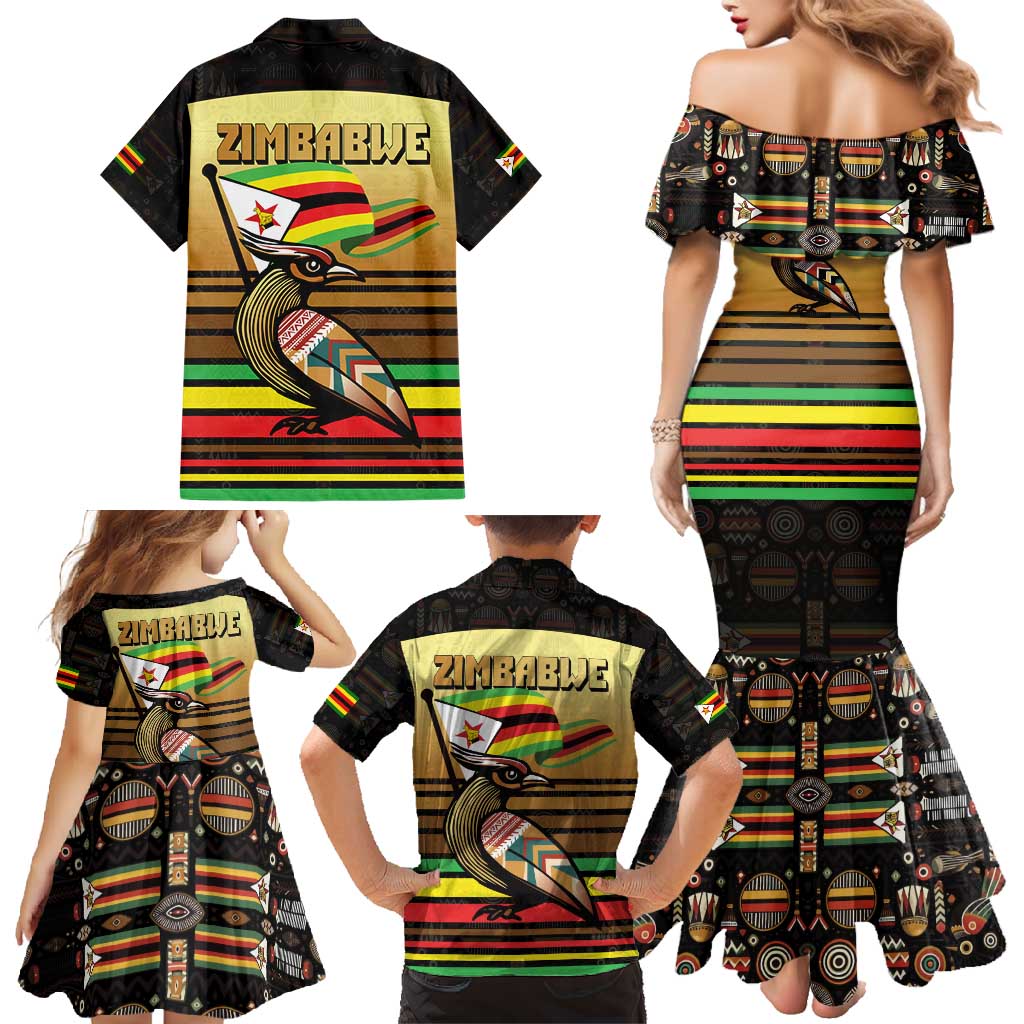 Zimbabwe Pride Family Matching Mermaid Dress and Hawaiian Shirt Zimbabwean Bird, Tribal Patterns and Pan-African Colors