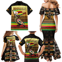Zimbabwe Pride Family Matching Mermaid Dress and Hawaiian Shirt Zimbabwean Bird, Tribal Patterns and Pan-African Colors